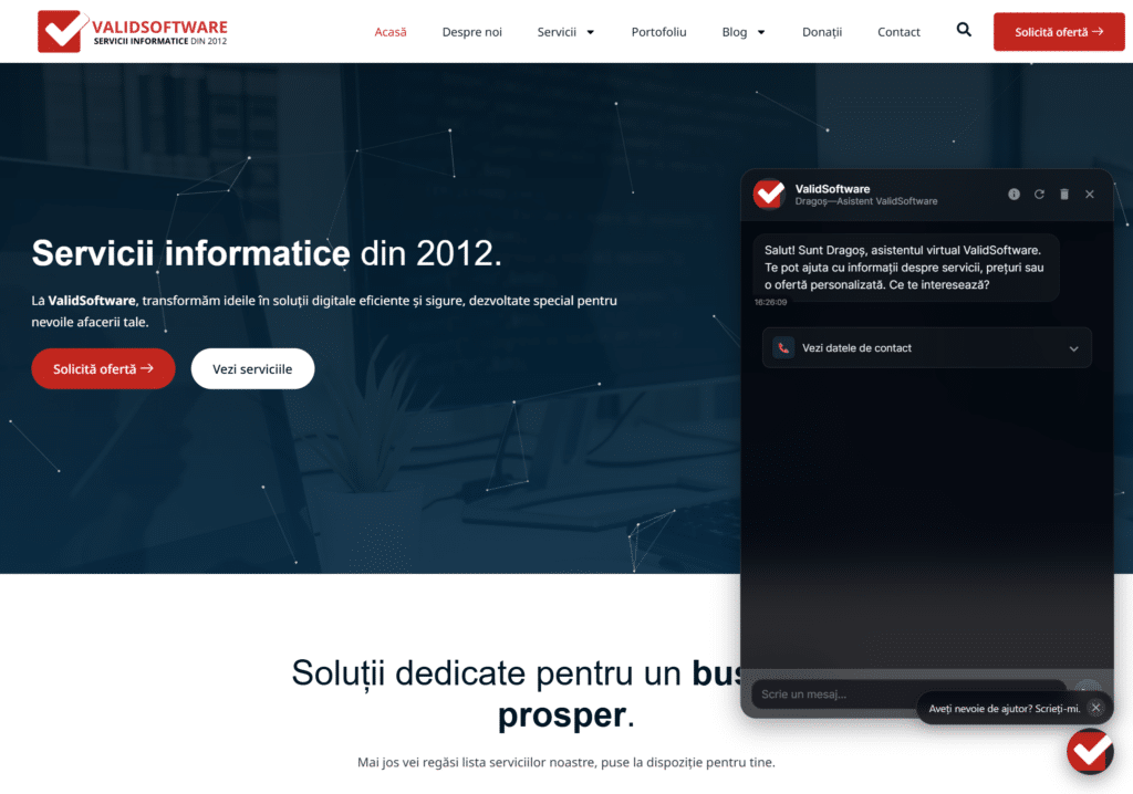 validsoftware.ro cu ChatBot AI deschis